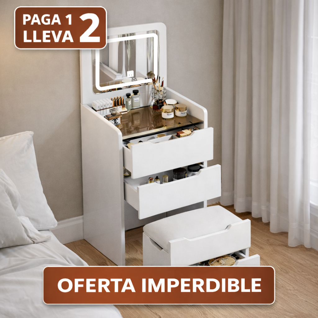 [Llevá 2 Pagá 1] Organizador Multifuncional de 2 Niveles con Espejo LED y Banquito Baúl