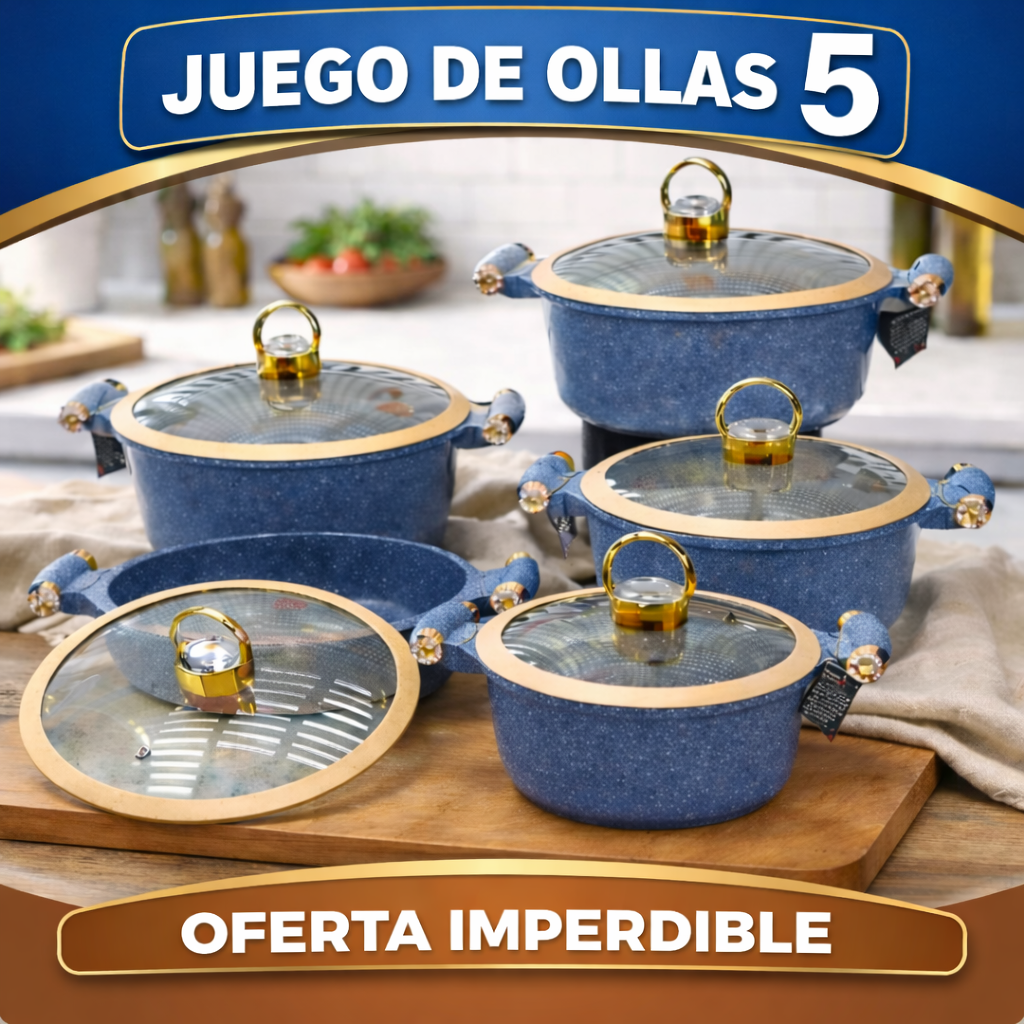 Juego de 5 Ollas de Cerámica Antiadherente con Triple Revestimiento (¡Cociná más rápido y con mucho menos desorden!)