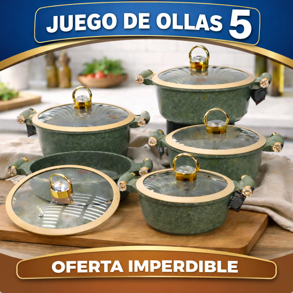 Juego de 5 Ollas de Cerámica Antiadherente con Triple Revestimiento (¡Cociná más rápido y con mucho menos desorden!)