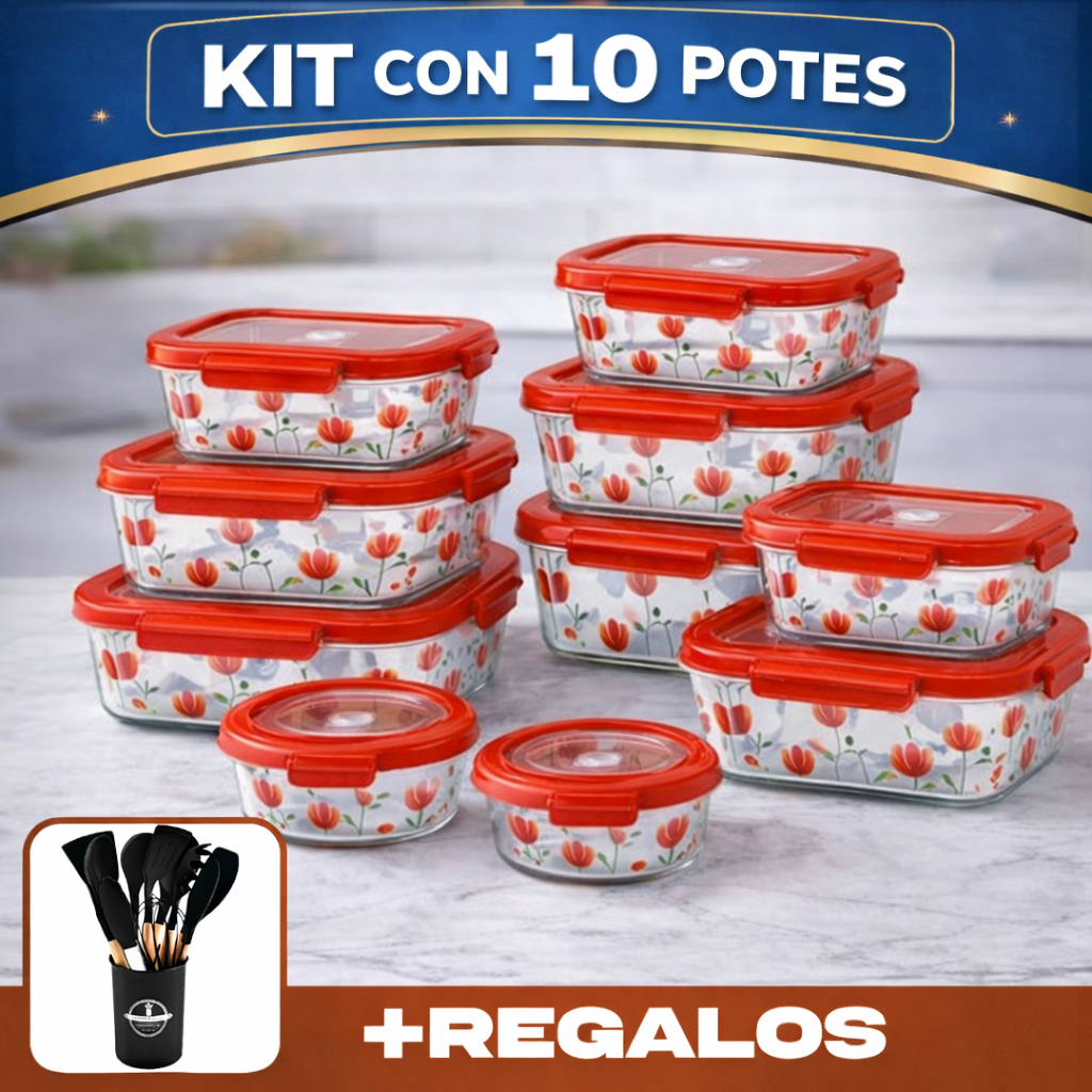 Kit de 10 Frascos Herméticos de Vidrio Templado Premium con Tapa Sellada y Traba de Seguridad + ¡Kit de Utensilios GRATIS!