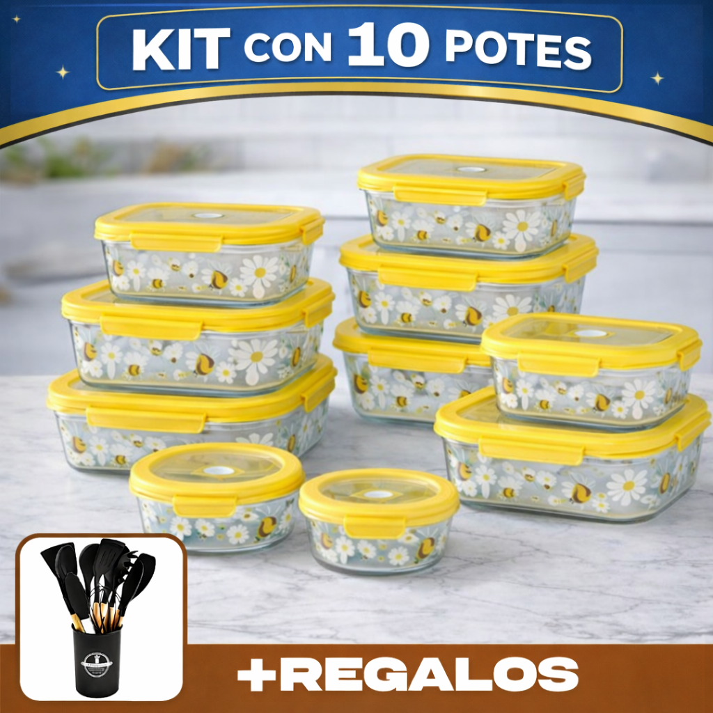 Kit de 10 Frascos Herméticos de Vidrio Templado Premium con Tapa Sellada y Traba de Seguridad + ¡Kit de Utensilios GRATIS!