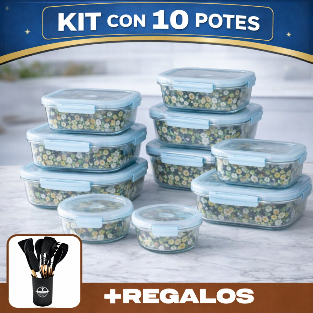 Kit de 10 Frascos Herméticos de Vidrio Templado Premium con Tapa Sellada y Traba de Seguridad + ¡Kit de Utensilios GRATIS!