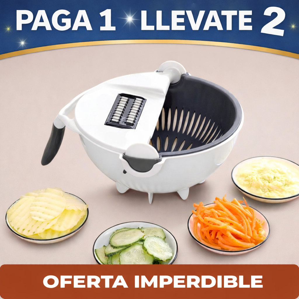 Llevá 2 y Pagá 1 | Cortador de Verduras Multifunción con Cuchillas de Acero Inoxidable + Escurridor